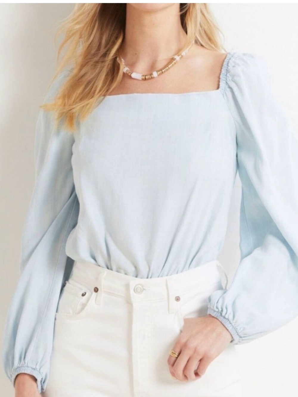 cloth & stone Anthropologie Chambray Square Neck Puff Sleeve Top size XS